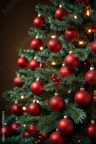 A Christmas tree decorated with red ornaments and twinkling lights © Andrey