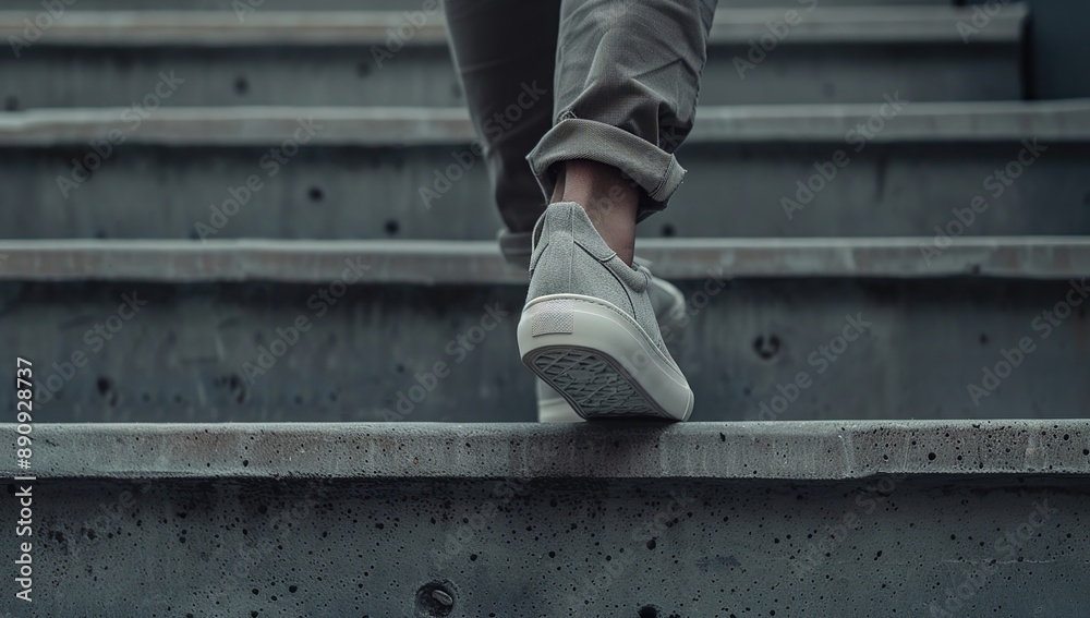 Foot Stepping on Concrete Stairs Foot Stepping on Concrete Stairs