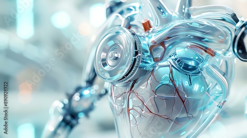 Artificial heart with tubes, futuristic medical tech, sterile background, detailed closeup