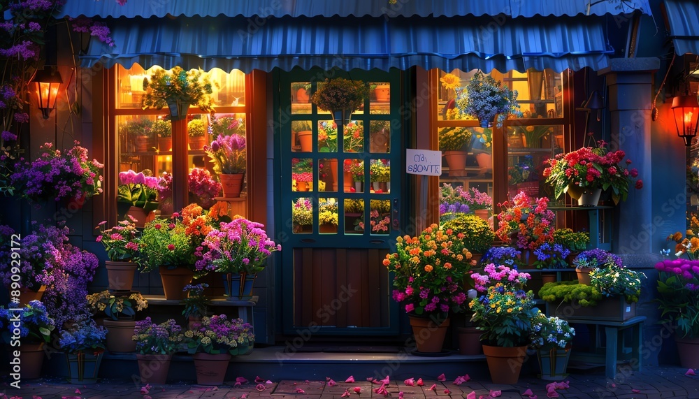 Fototapeta premium Charming flower shop with vibrant blooms, evening light, cozy and romantic ambiance