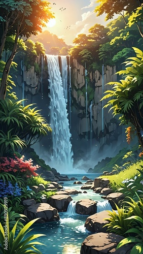 city skyline at night, sunset over the river, interior of a bedroom, waterfall in the mountains, fountain in the park, view of the city
