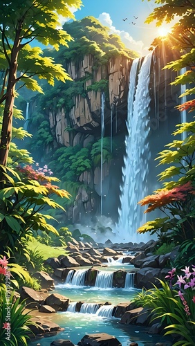 city skyline at night, sunset over the river, interior of a bedroom, waterfall in the mountains, fountain in the park, view of the city