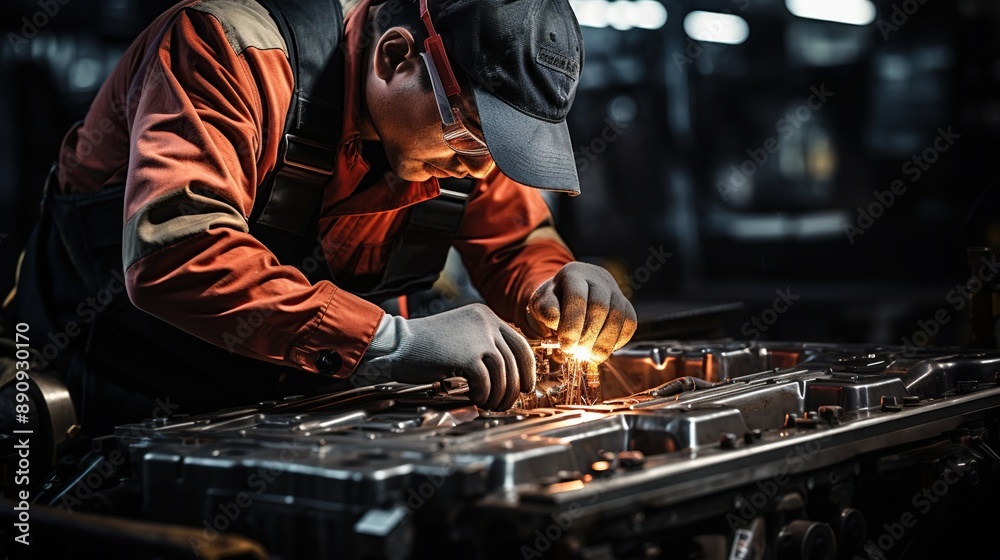 A mechanic is repairing the engine of a car