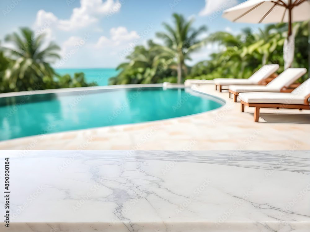 Empty white marble stone table top and blurred swimming pool in tropical resort in summer banner background - can used for display or montage your products. Empty white marble stone table top and blurred swimming pool in tropical resort in summer banner background - can used for display or montage your products.