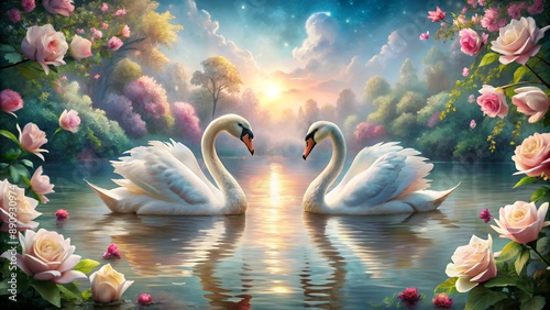 Fototapeta Naklejka Na Ścianę i Meble -  Two swans falling in love on a romantic lake at sunset