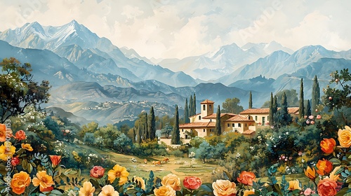 Wedding invitation featuring open area writing space right side scene show picturesque mountain wedding stunning view floral decoration intimate gathering writing space includes weddingthemed