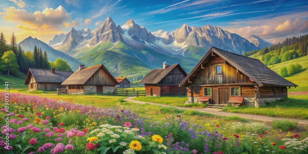 Fototapeta premium Idyllic countryside summer landscape with wooden old houses