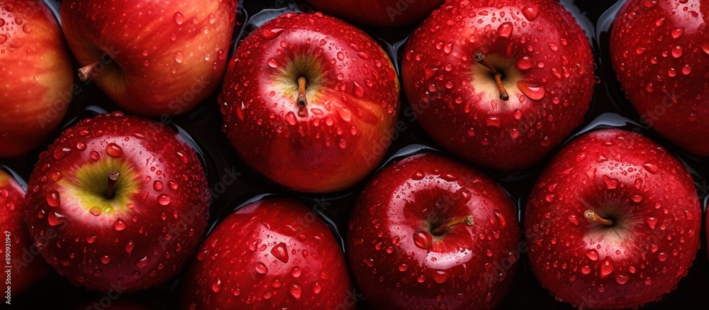 Top view and flat lays, Lots of red apples with drops water. Tasty and juicy. Background of red apples. Top view and flat lays, Lots of red apples with drops water. Tasty and juicy. Background of red apples.