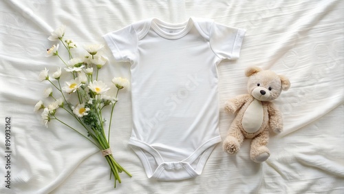 White baby bodysuit lying on a white muslin blanket with teddy bear and daisies
