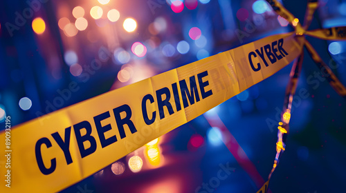 Prominent yellow crime scene tape emblazoned with the words "CYBER CRIME" repeatedly crosses over a blurred background