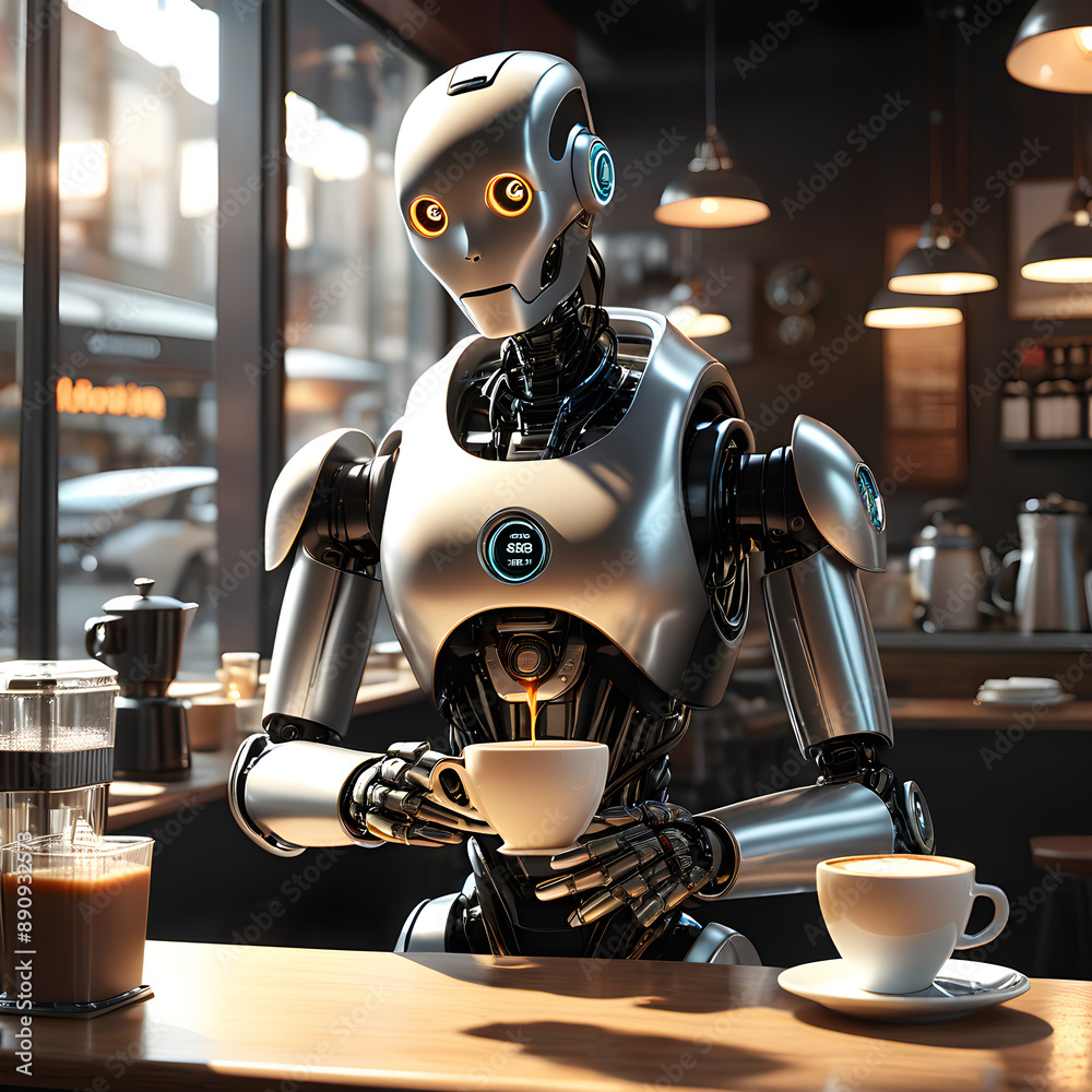 black and white robot with coffee black and white robot with coffee