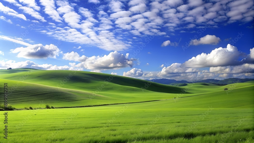 Green rolling hills stretching under a cloudy blue sky Green rolling hills stretching under a cloudy blue sky