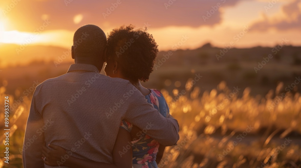 A pair of people standing together in a green field as the sun sets in the background, with warm orange and yellow hues A pair of people standing together in a green field as the sun sets in the background, with warm orange and yellow hues