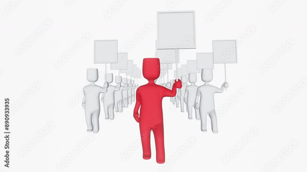 A group of white 3D men follows the red leader holding empty posters in their hands. Public picket. Political demonstration. Creative design. Horizontal 3d animation. Three-dimensional stock video