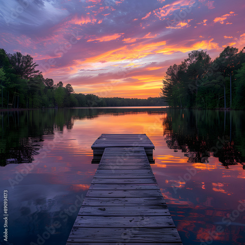 Peaceful Sunset Over a Lake with Reflective Waters and Forested Shoreline, Capturing Tranquil Natural Beauty