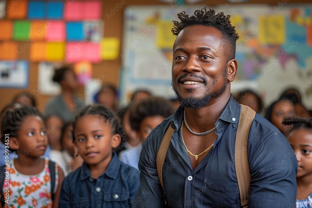 Smiling Man in Front of a Classroom of Students Smiling Man in Front of a Classroom of Students