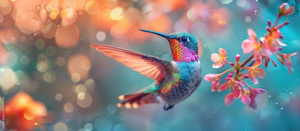 Hummingbird in Flight with Blooming Flowers Hummingbird in Flight with Blooming Flowers