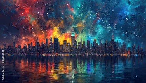 Cityscape Under a Vibrant Night Sky