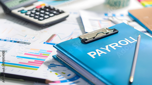 payroll management. A prominent blue binder labeled 