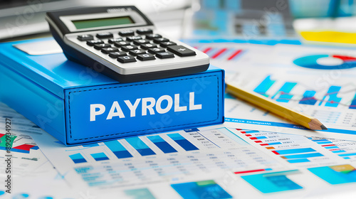 payroll management. A prominent blue binder labeled 