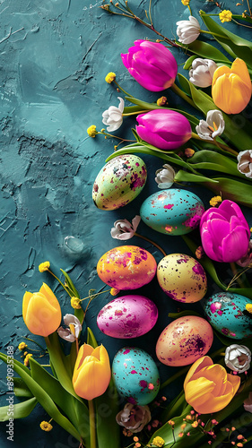 The Vibrant and Festive Easter Eggs of Delightful Array of Springtime Colors. Ideal for use in holiday greeting cards, seasonal marketing materials, event promotions, and social media posts. photo