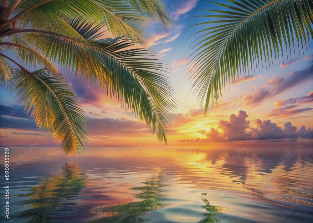 Soft pastel hues blend in a serene canvas artwork, evoking a sense of calmness, as gentle palm fronds sway above a tranquil waterscape under a warm sunset sky. Soft pastel hues blend in a serene canvas artwork, evoking a sense of calmness, as gentle palm fronds sway above a tranquil waterscape under a warm sunset sky.