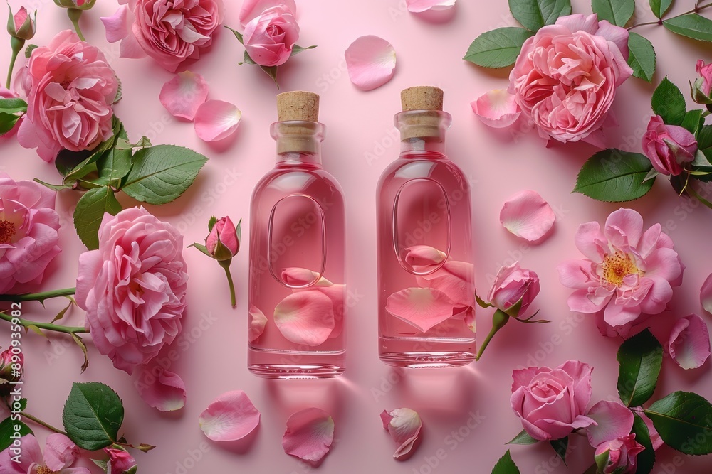 Rosewater Bottles with Pink Rose Petals Rosewater Bottles with Pink Rose Petals