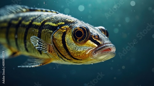close-up of Zebrafish (though primarily freshwater, can be found in brackish waters), cinematic, deep sea background