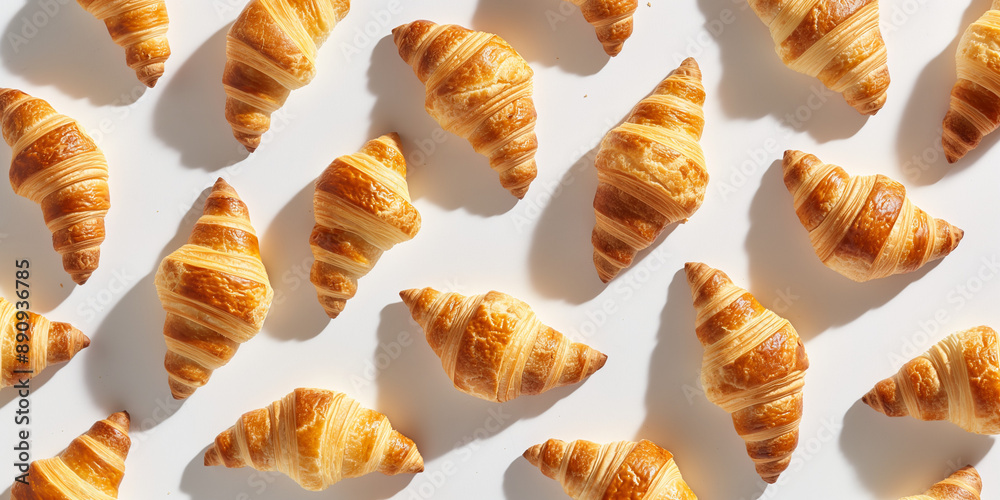 A Background of croissants, each with its shadow, scattered across the canvas in an elegant display, with soft shadows on a white background A Background of croissants, each with its shadow, scattered across the canvas in an elegant display, with soft shadows on a white background