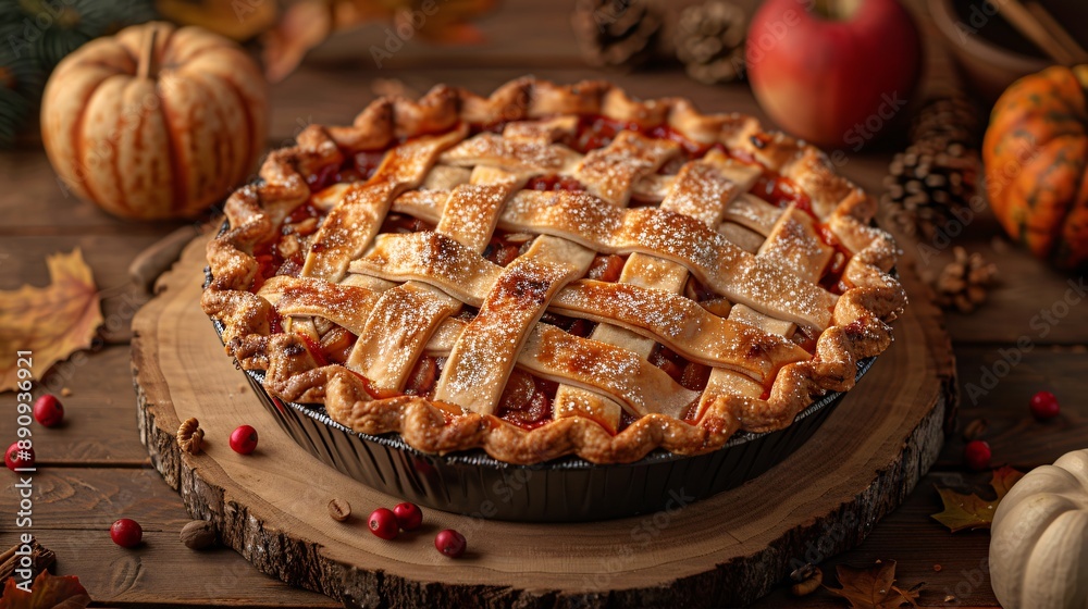 Apple Pie With Lattice Crust on Rustic Wooden Table Apple Pie With Lattice Crust on Rustic Wooden Table