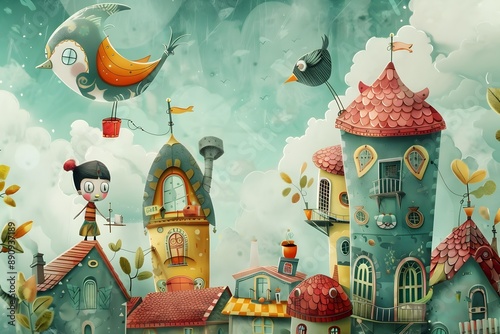 Whimsical Storybook with Quirky Fantasy Architecture and Charming Characters