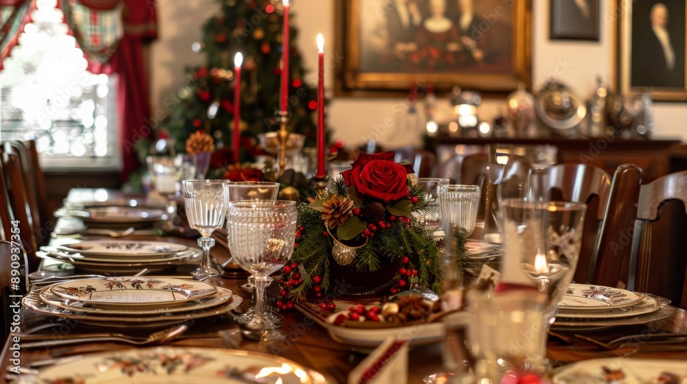 Traditional dining room set for a holiday meal with family portraits on the walls Traditional dining room set for a holiday meal with family portraits on the walls