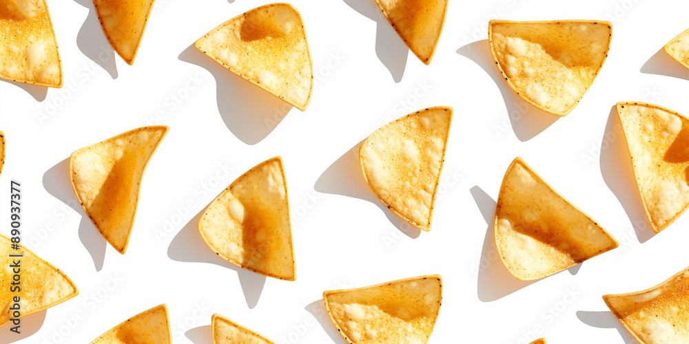 A Background of nachos, each with its shadow, scattered across the canvas in an elegant display, with soft shadows on a white background A Background of nachos, each with its shadow, scattered across the canvas in an elegant display, with soft shadows on a white background