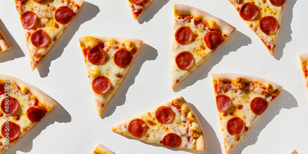 A Background of pizza slices, each with its shadow, scattered across the canvas in an elegant display, with soft shadows on a white background A Background of pizza slices, each with its shadow, scattered across the canvas in an elegant display, with soft shadows on a white background