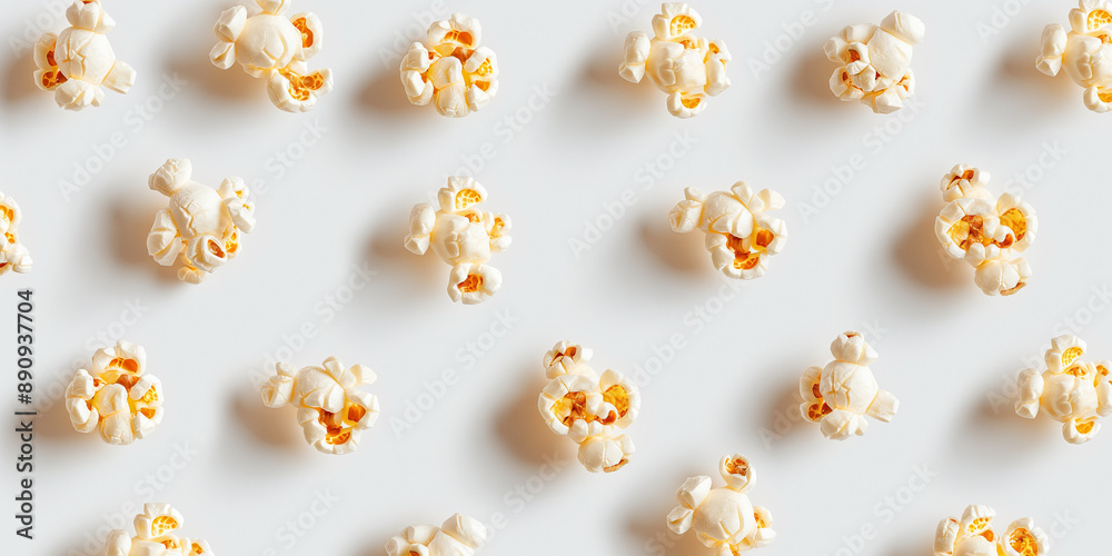 A seamless photographic pattern of popcorn, each with its shadow, scattered across the canvas in an elegant display, with soft shadows on a white background A seamless photographic pattern of popcorn, each with its shadow, scattered across the canvas in an elegant display, with soft shadows on a white background