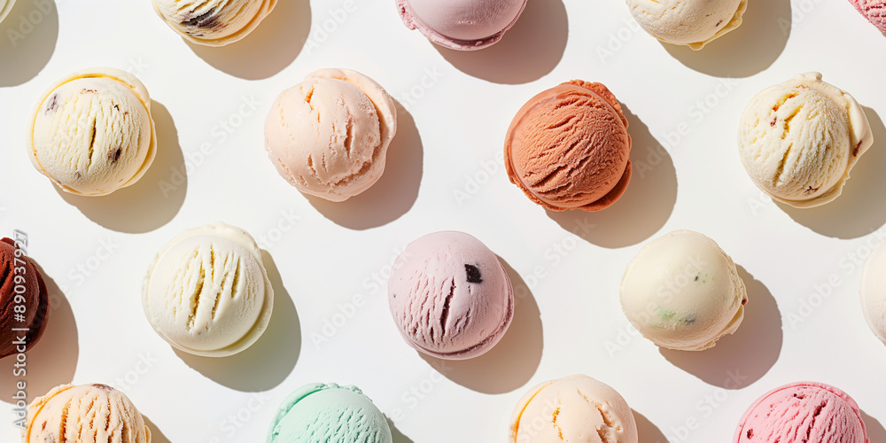 A seamless photographic pattern of scoops of ice cream, each with its shadow, scattered across the canvas in an elegant display, with soft shadows on a white background A seamless photographic pattern of scoops of ice cream, each with its shadow, scattered across the canvas in an elegant display, with soft shadows on a white background