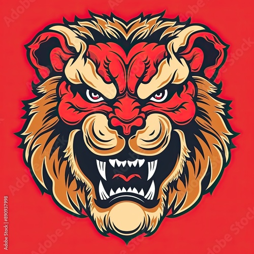 A fierce lion with sharp teeth and piercing red eyes photo