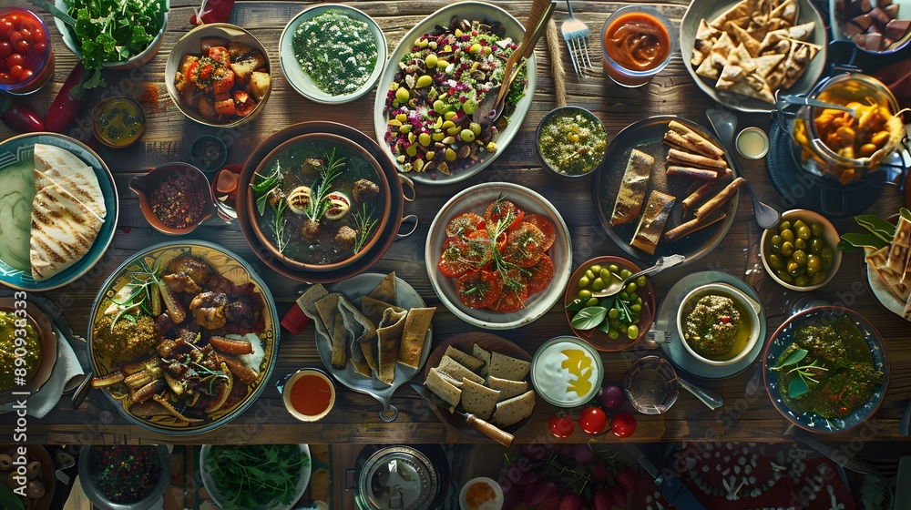 Crystal-clear shot of a vibrant Mediterranean mezze spread, various dishes, rustic table, style Crystal-clear shot of a vibrant Mediterranean mezze spread, various dishes, rustic table, style