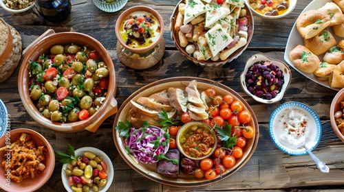 Crystal-clear shot of a vibrant Mediterranean mezze spread, various dishes, rustic table, style