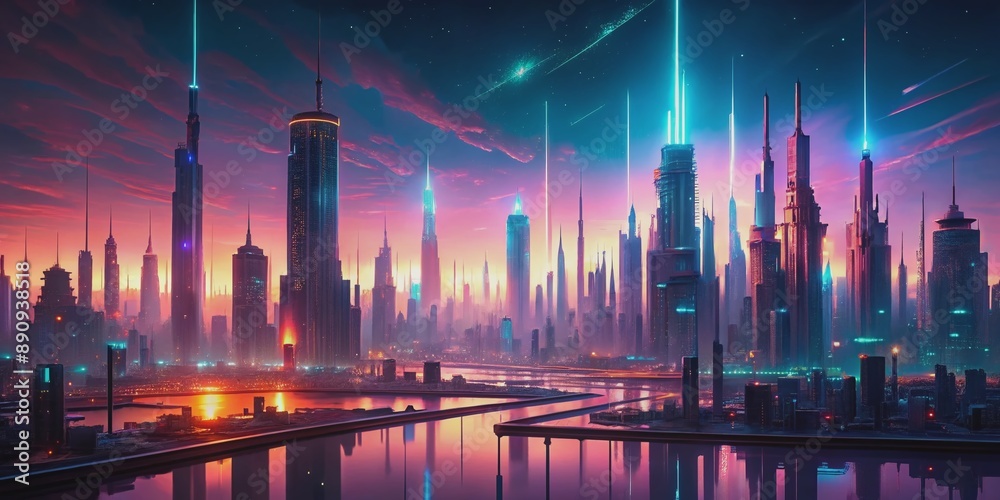 Futuristic neon cityscape glows with pulsing digital elements, void of human presence, evoking a serene sci-fi atmosphere, perfect for meditation and futuristic urban landscapes. Futuristic neon cityscape glows with pulsing digital elements, void of human presence, evoking a serene sci-fi atmosphere, perfect for meditation and futuristic urban landscapes.