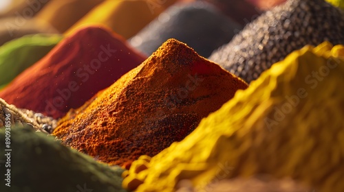 Fototapeta Naklejka Na Ścianę i Meble -  Hyper-detailed image of a spice market display, vibrant powders, textures visible, style