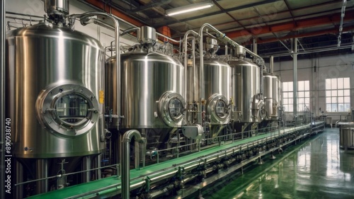 A modern beer factory operates with precision, producing natural beer. The production line is fully automated