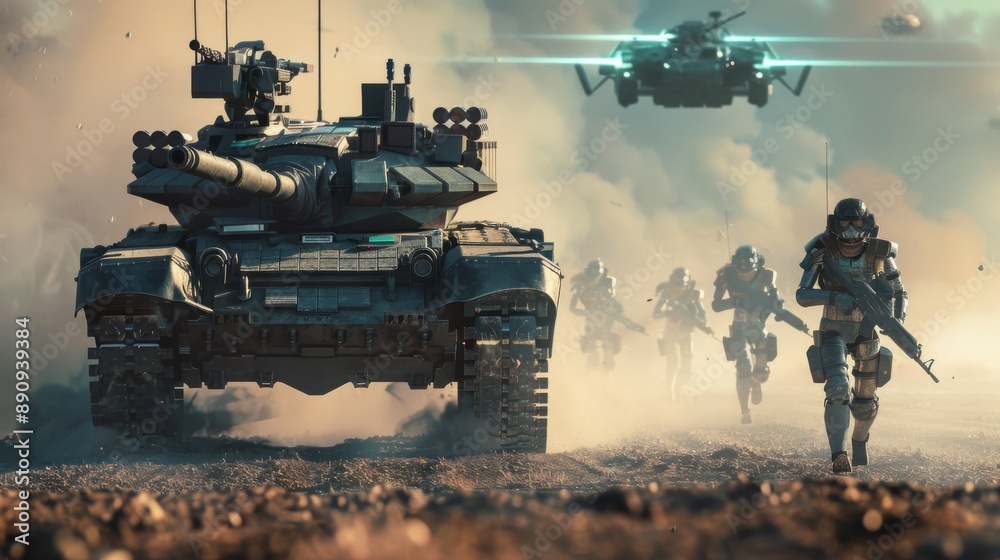 Futuristic High-Tech Tank Commanding Robotic Infantry Squad on Mission. Futuristic High-Tech Tank Commanding Robotic Infantry Squad on Mission.