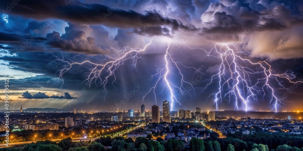 Fototapeta premium Storm over the city. Lightning and thunderstorm with rain over a modern night metropolis.