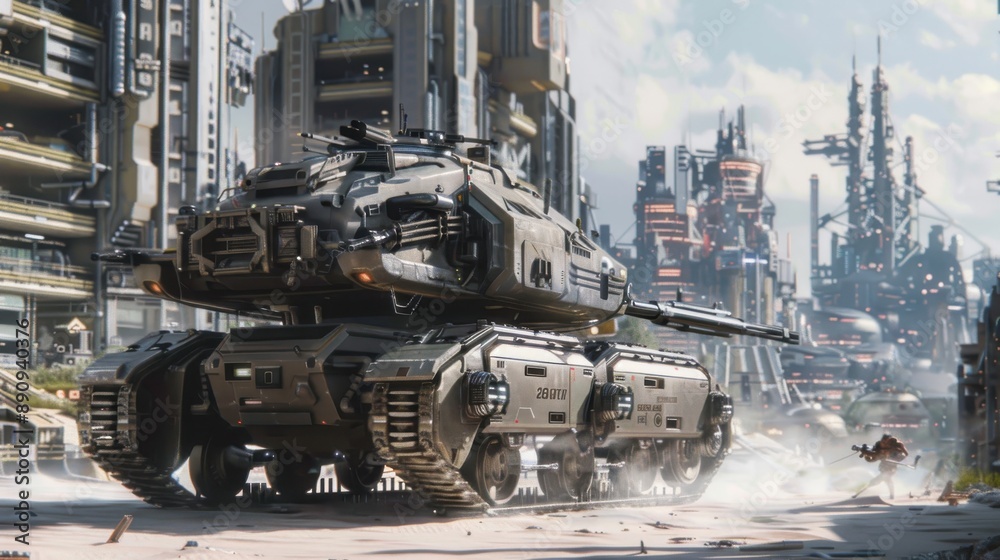 Futuristic Hover Tank Guarding High-Tech Colony Perimeter - Realistic Sci-Fi Concept Futuristic Hover Tank Guarding High-Tech Colony Perimeter - Realistic Sci-Fi Concept