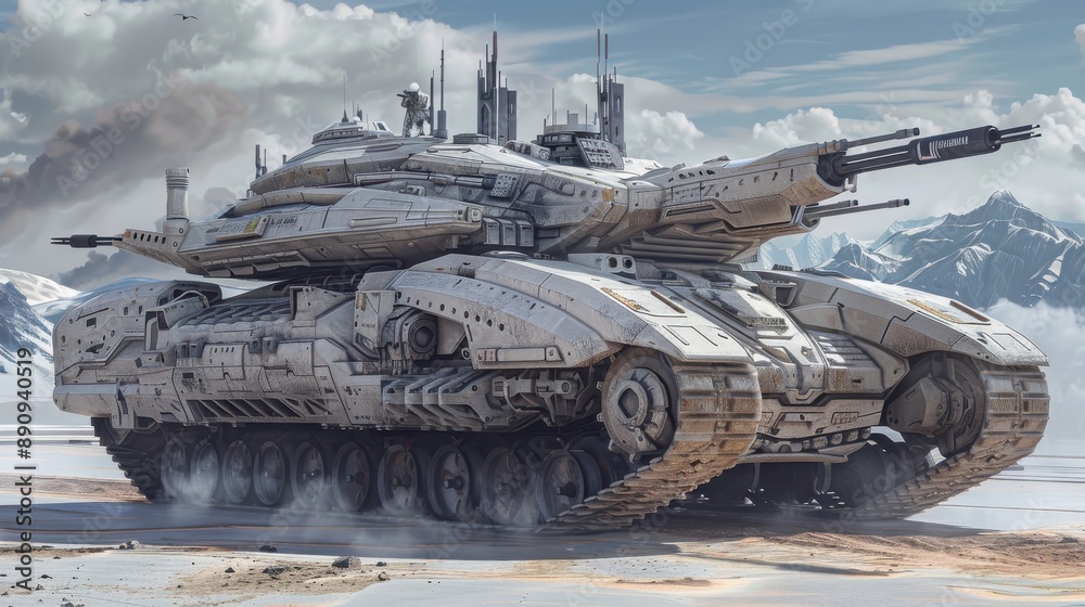 Futuristic Sci-Fi Tank with Radar and Sensors Patrolling Military Base Futuristic Sci-Fi Tank with Radar and Sensors Patrolling Military Base