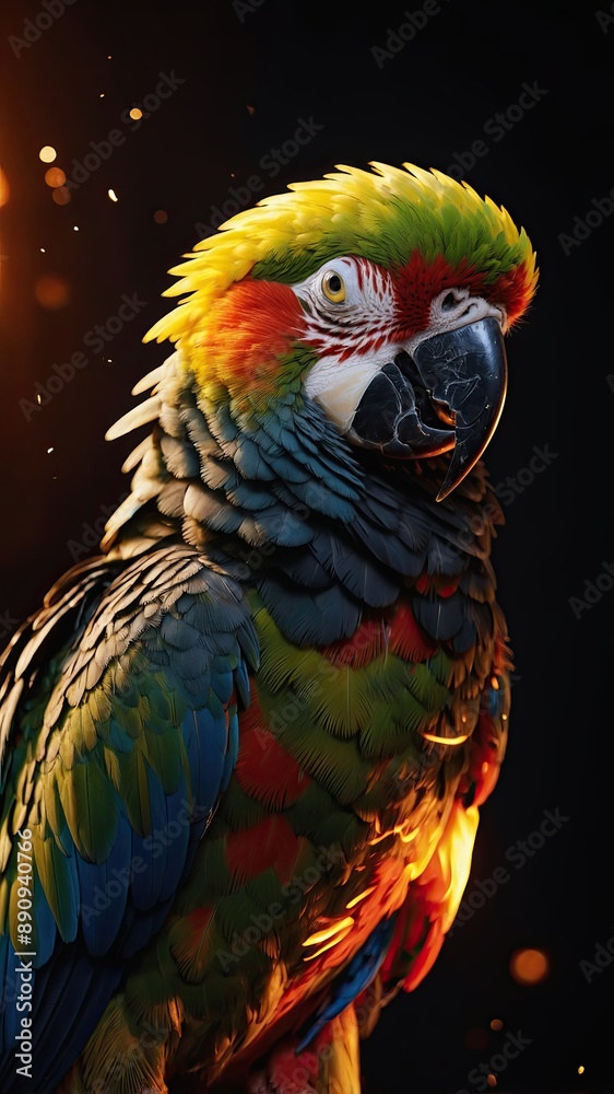 Obraz premium a parrot in clothes made of fire and gold. surrounded by the fiery sun and stars