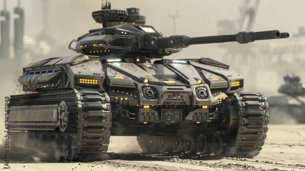 Futuristic Sci-Fi Tank with Integrated Radar and Sensors Patrolling Military Base Futuristic Sci-Fi Tank with Integrated Radar and Sensors Patrolling Military Base