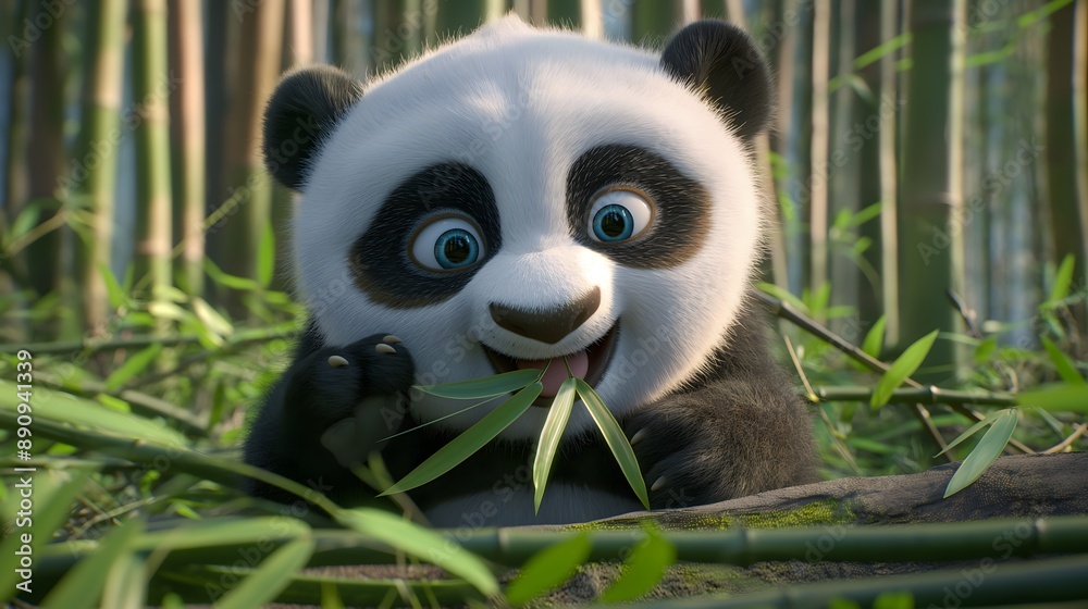 1. A fluffy 3D baby panda munching on bamboo