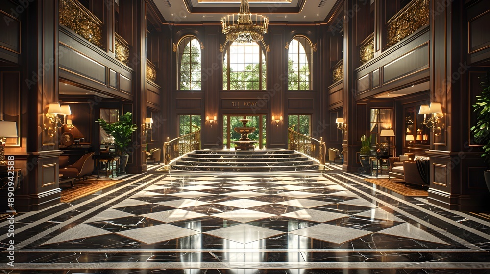 Obraz premium Sumptuous Lobby of Elegant Villa Hotel with Glossy Marble Floors and Stately Wood Paneled Walls